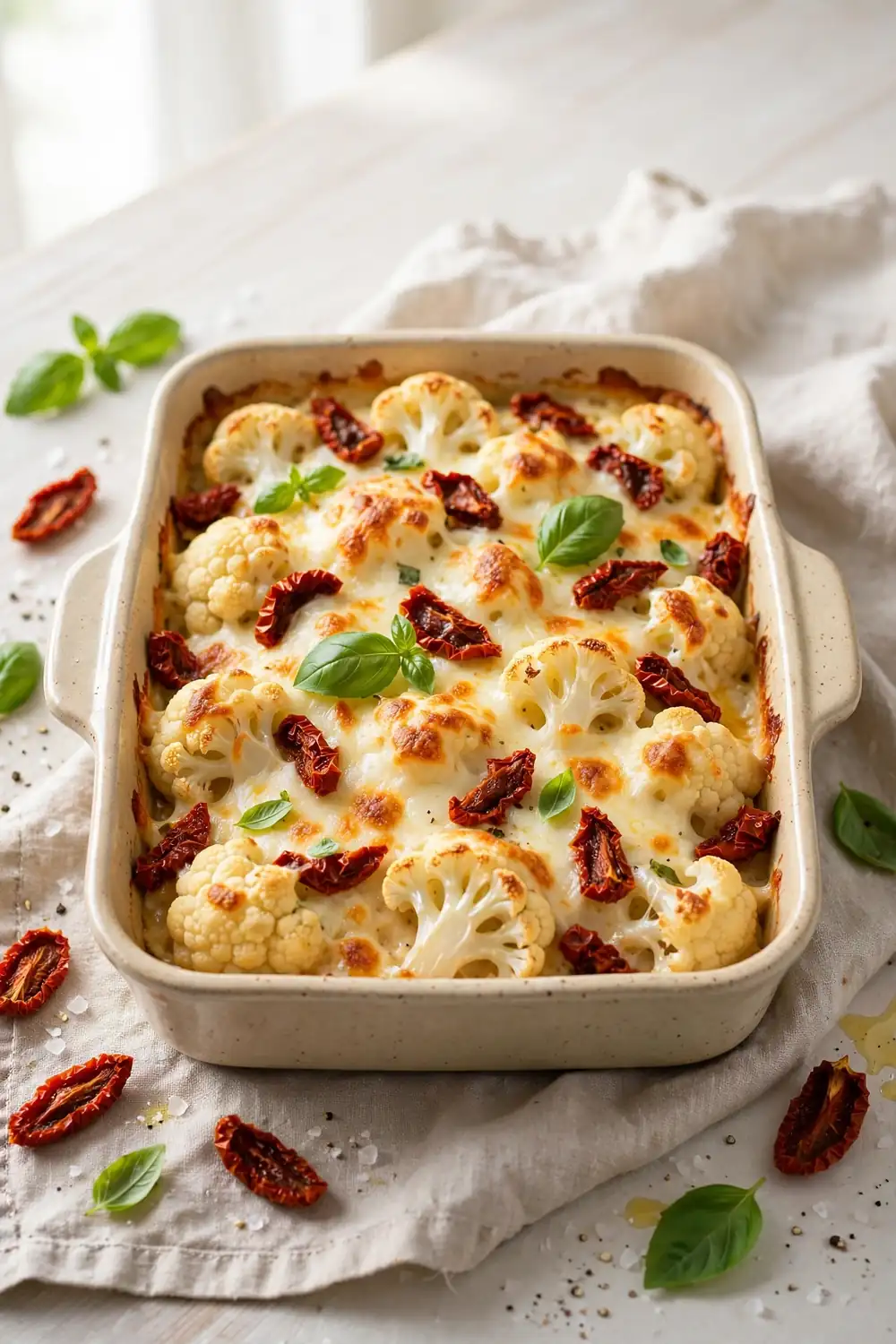 Baked cauliflower dish with sun dried tomatoes and melted mozzarella