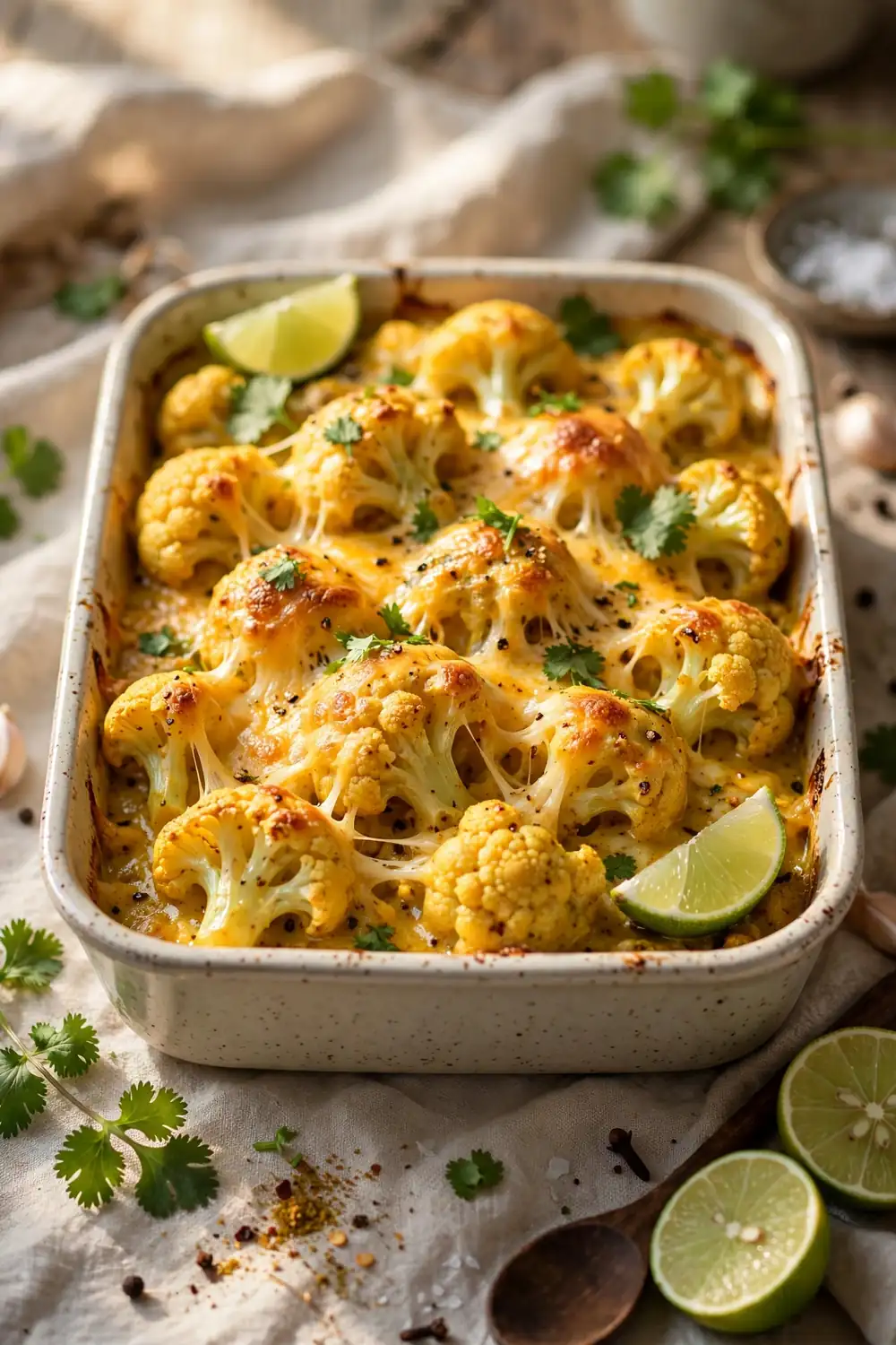Baked cauliflower dish with curry spices and melted cheese