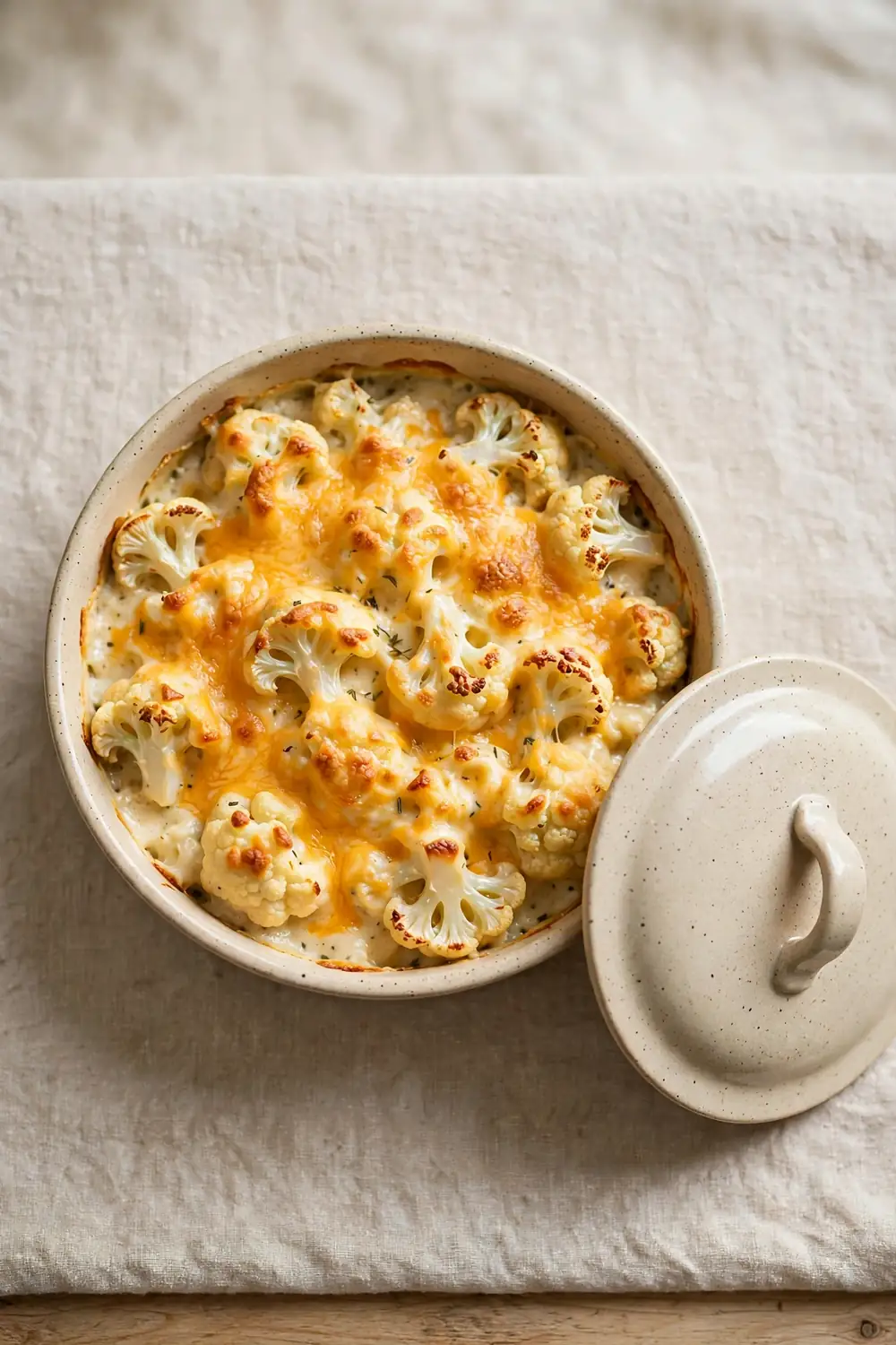 Baked cauliflower dish with melted cheese in a covered baking dish