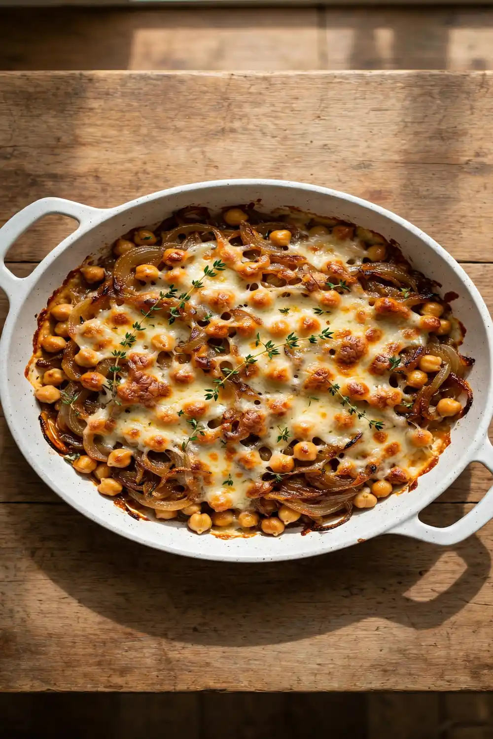Skillet of chickpeas with caramelized onions and melted cheese bubbling under a golden top