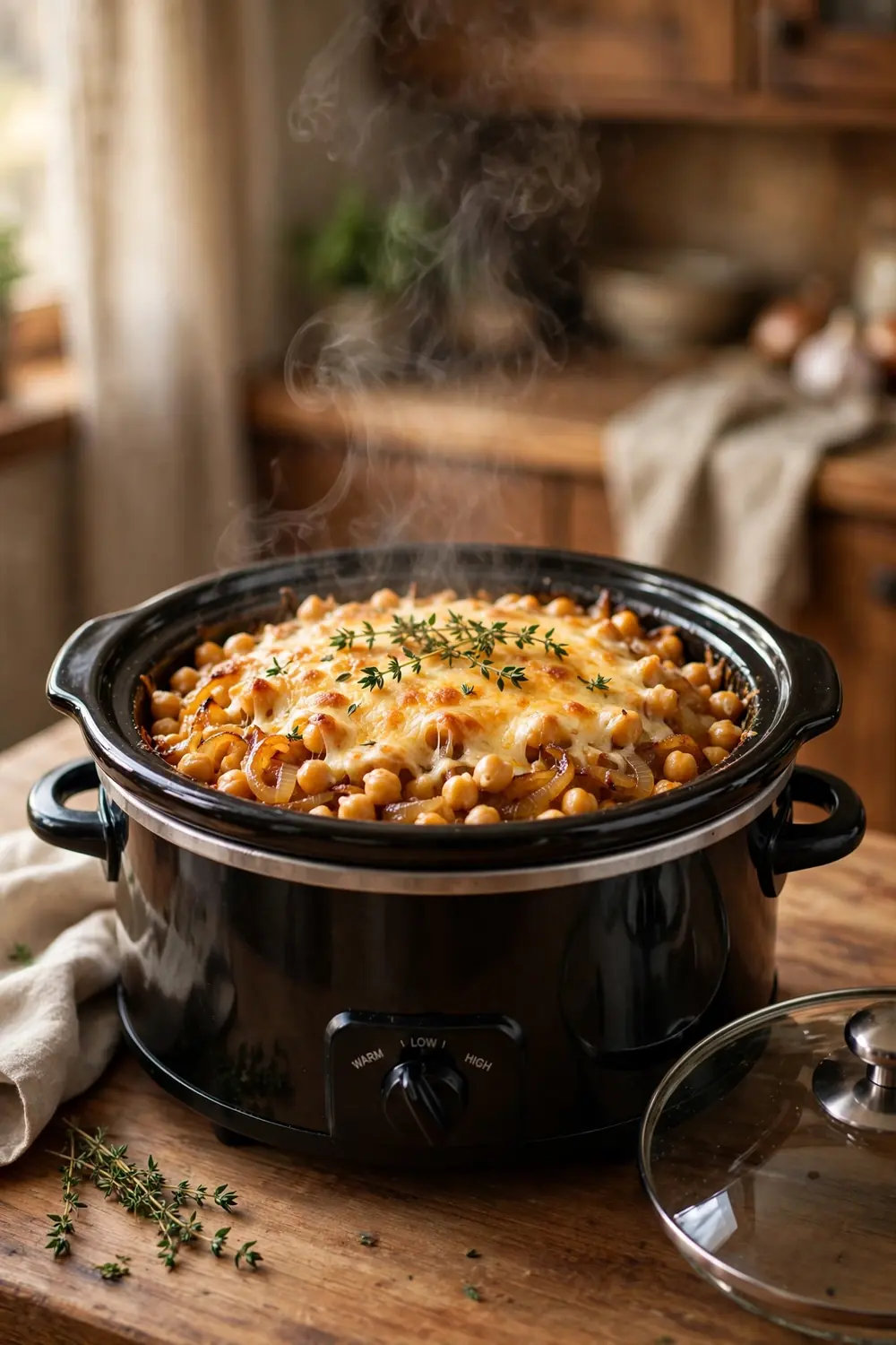 Slow cooker chickpeas with caramelized onions and melted cheese with steam rising