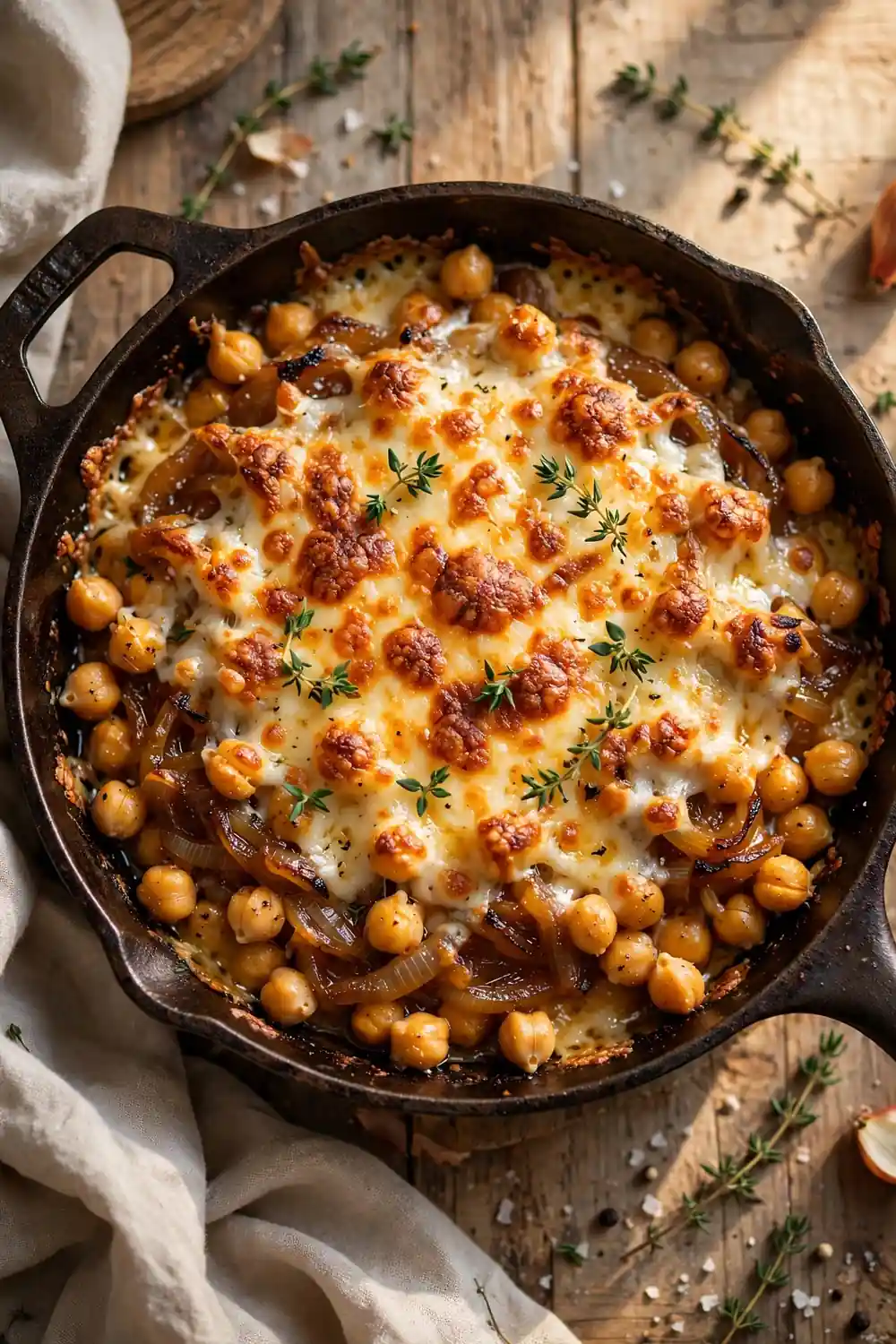 Chickpea skillet with a crisp golden gruyere crust and caramelized onions