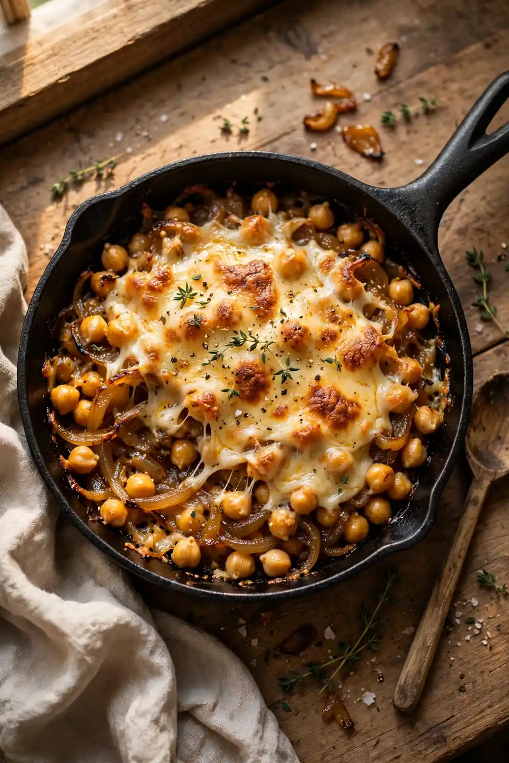 One skillet chickpeas with onions and melted cheese served in a cast iron pan