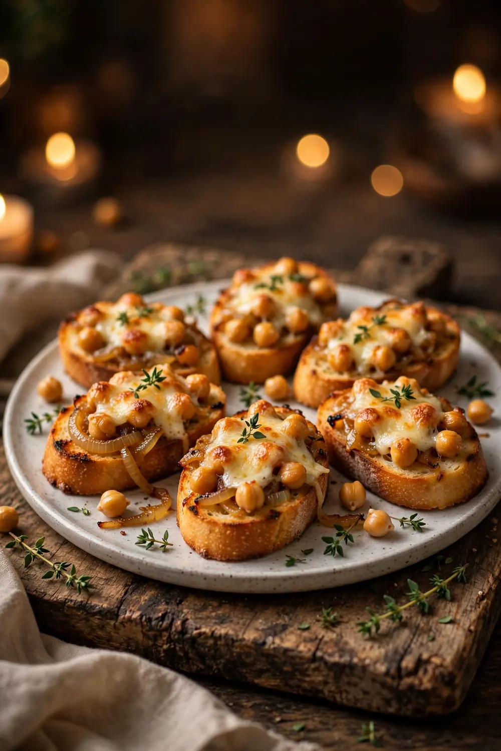 Toasted baguette slices topped with cheesy onion chickpeas and fresh thyme