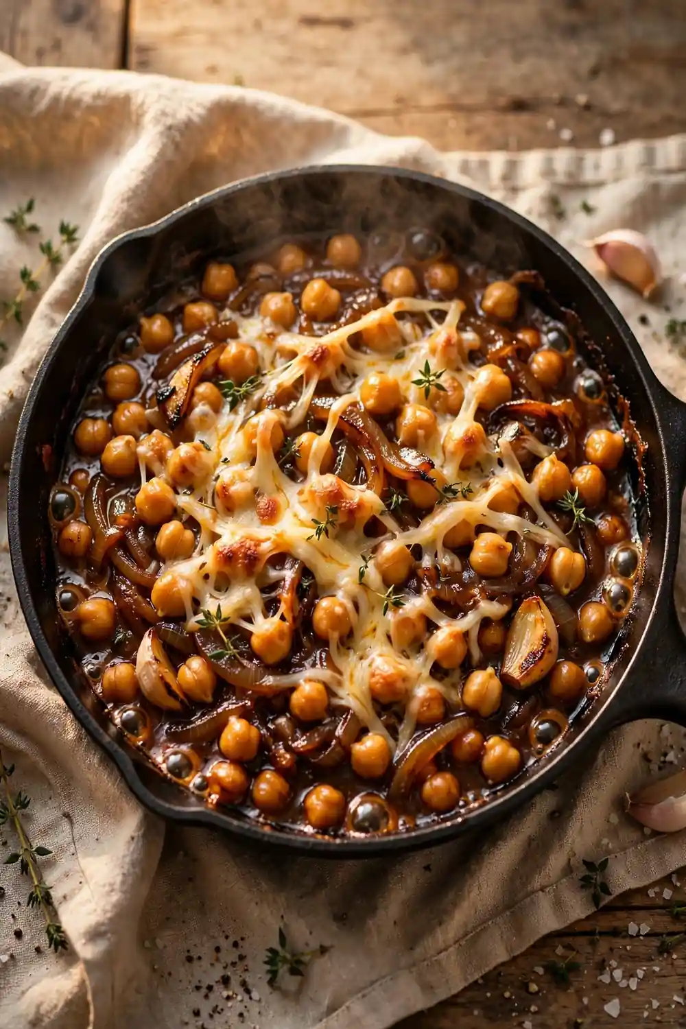 Chickpeas simmering with garlic thyme and caramelized onions in a rich sauce