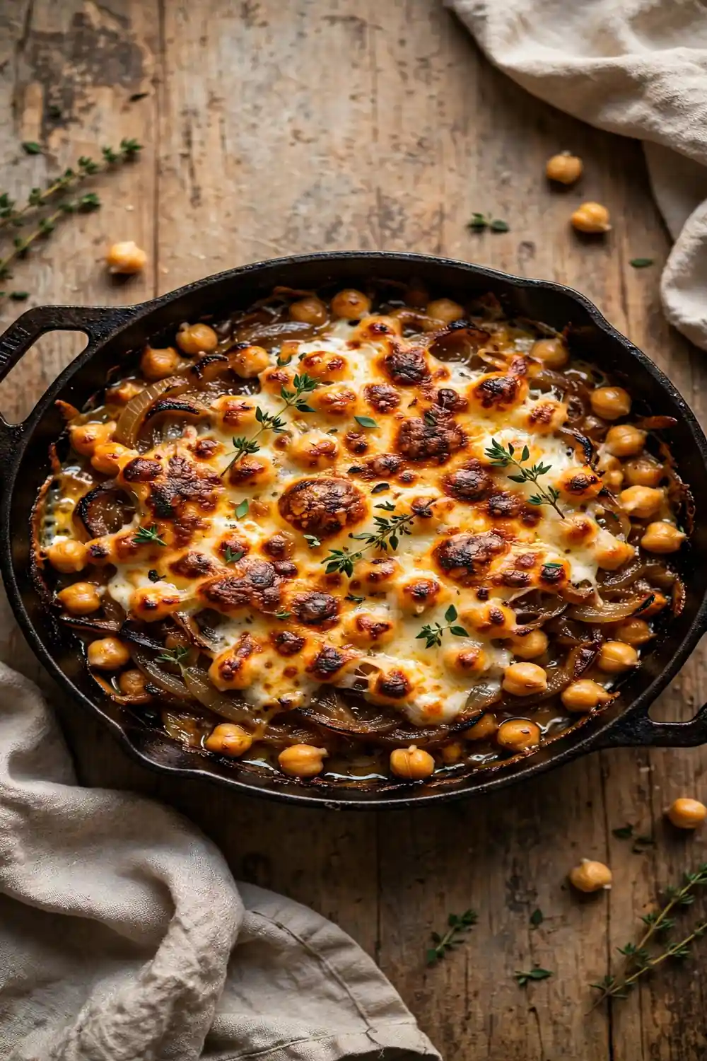 Broiled chickpea skillet with golden melted cheese and caramelized onions