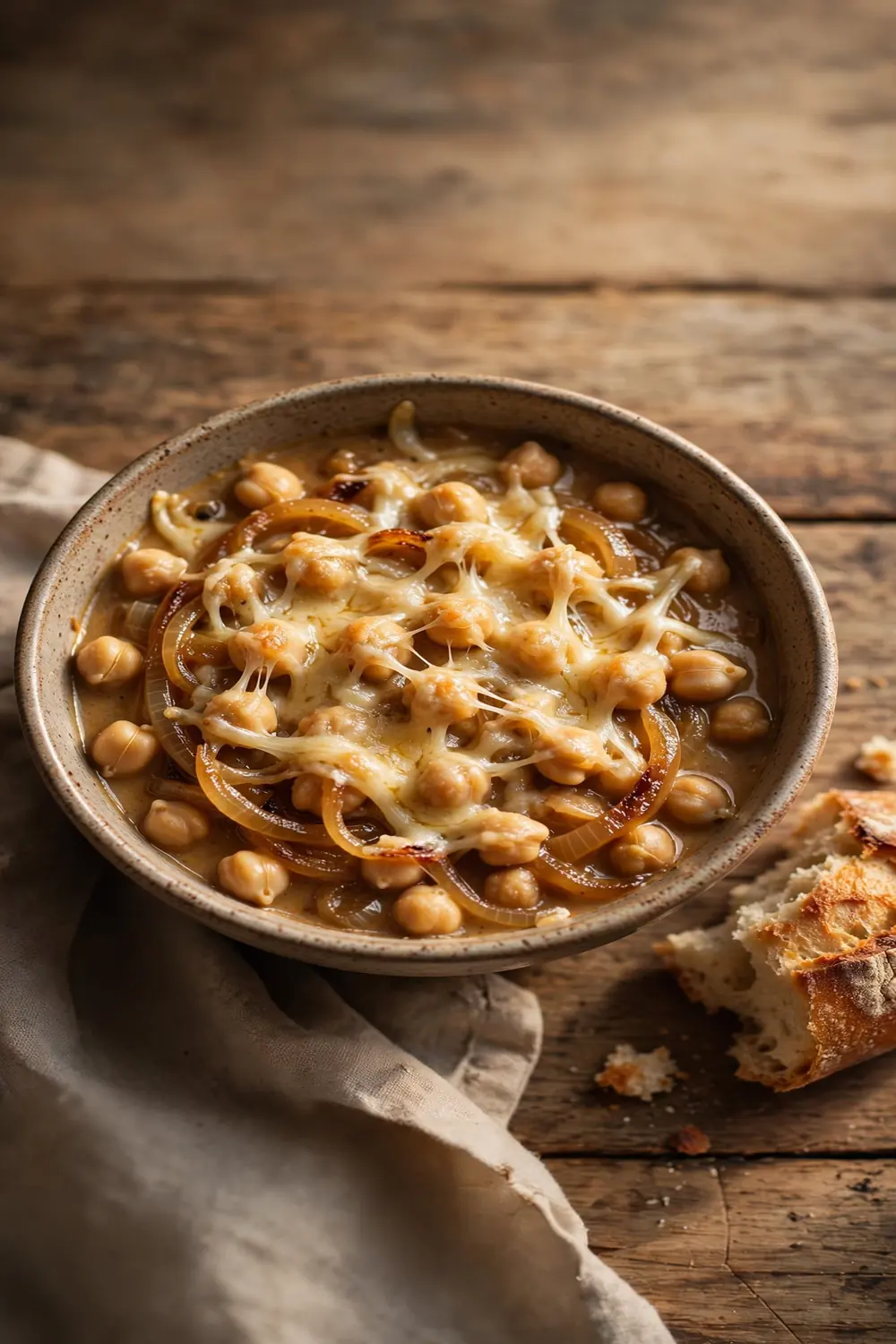 Creamy soup bowl of chickpeas with caramelized onions and melted cheese ribbons