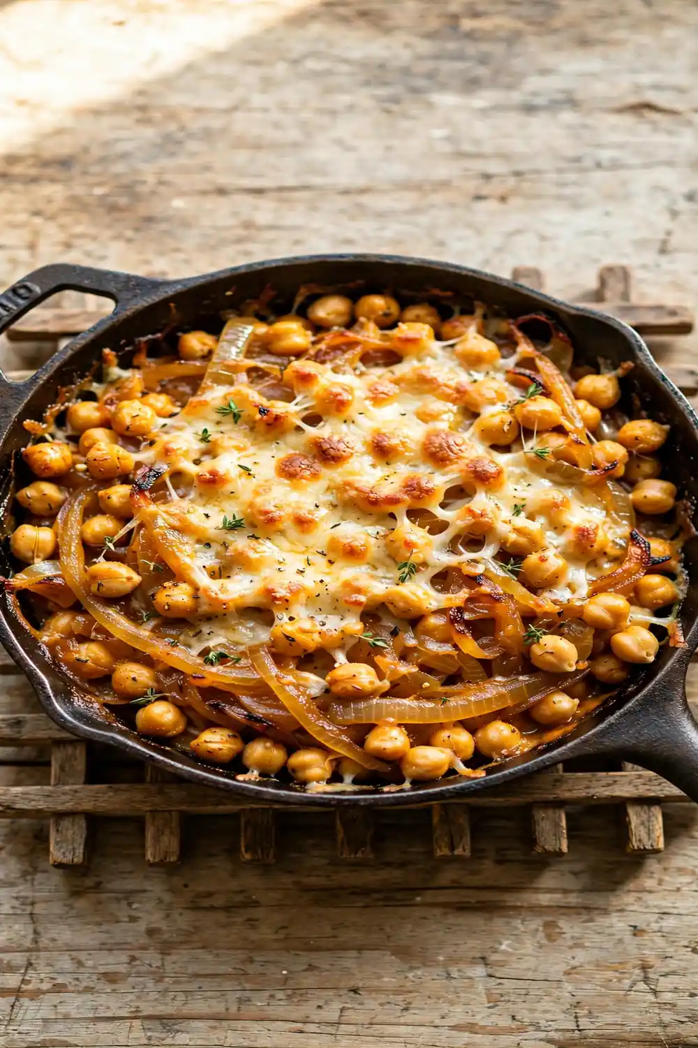 Rustic cast iron skillet of chickpeas with onions and bubbling melted cheese