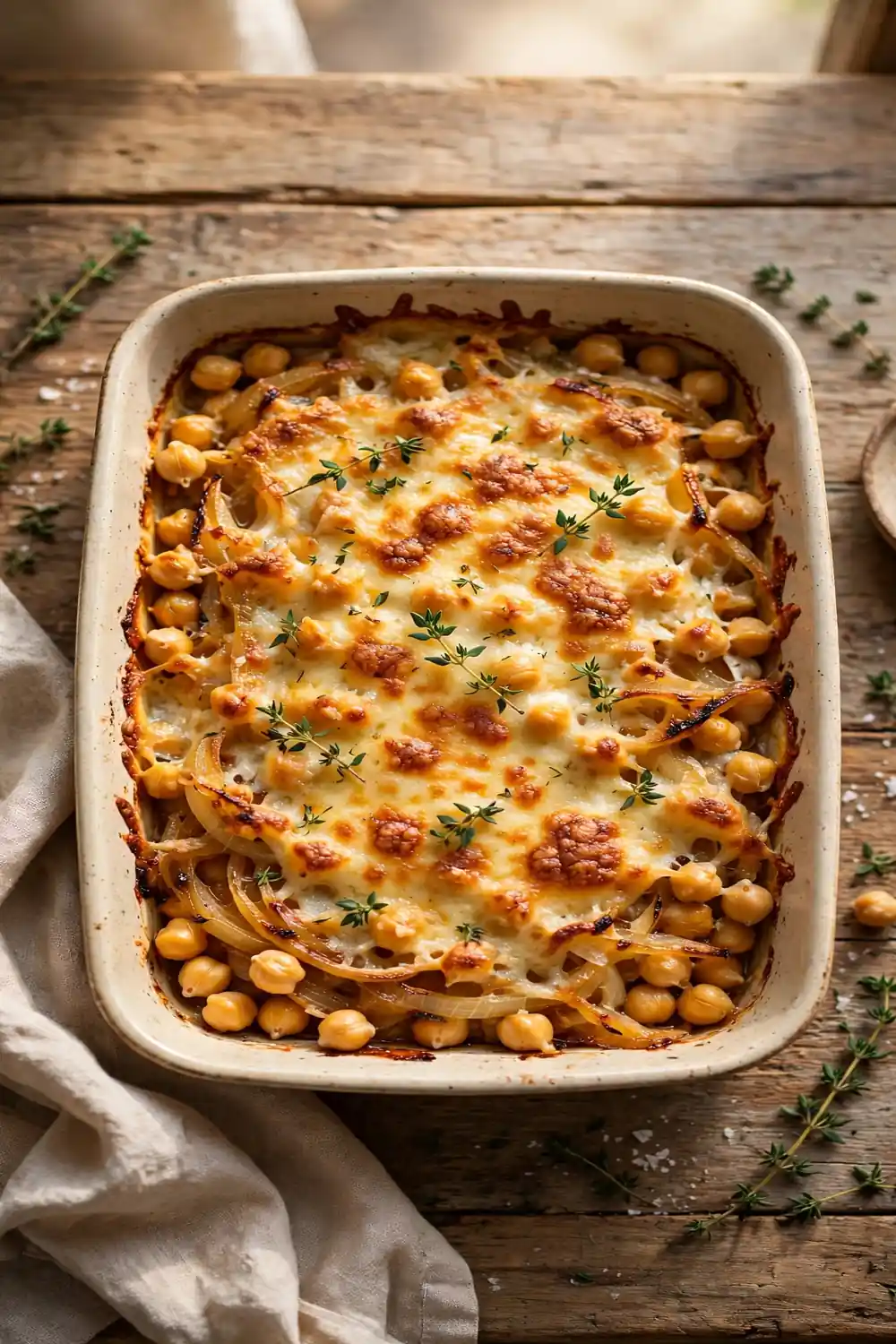 Golden onion chickpea gratin with a crisp cheese crust in a baking dish