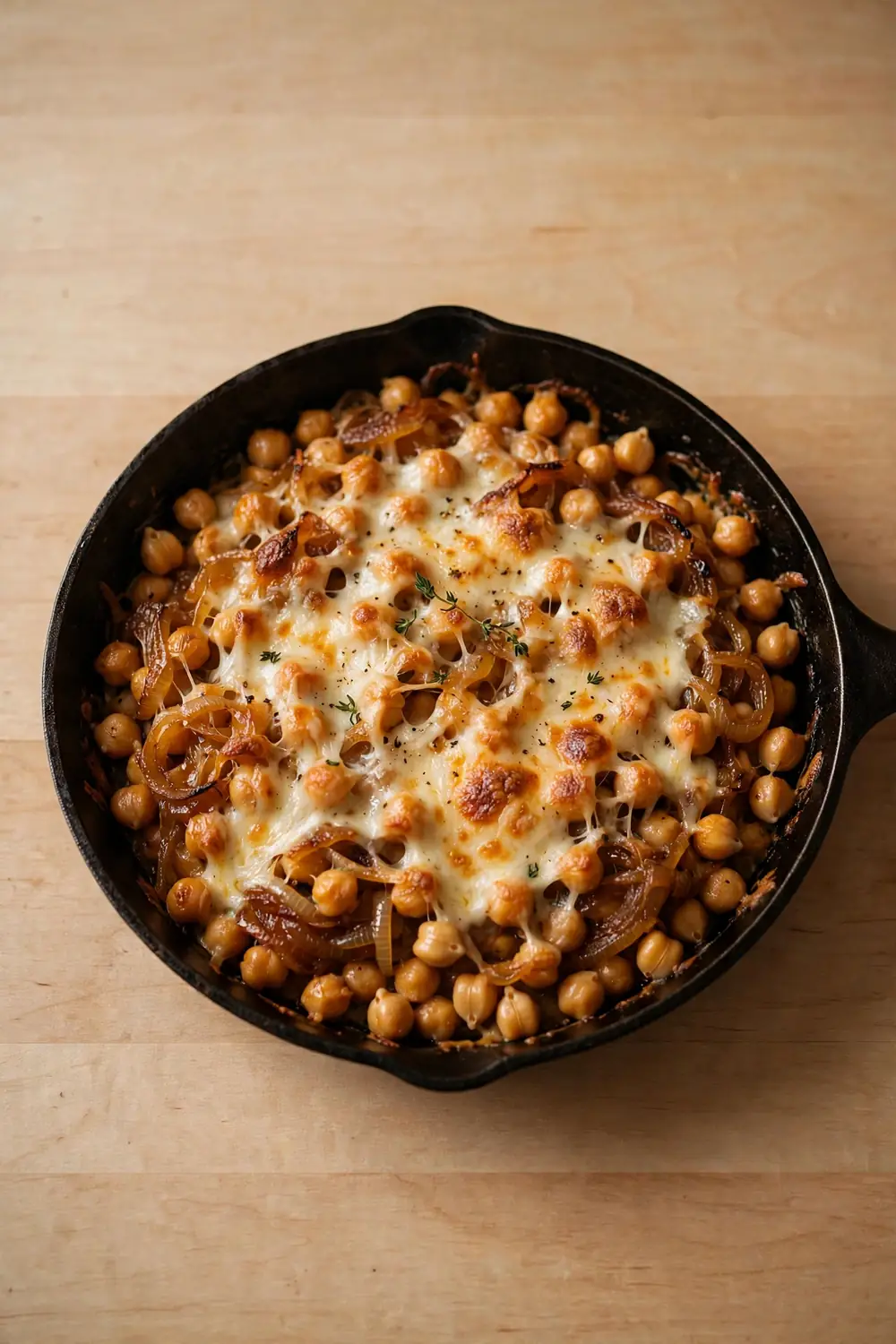 Weeknight chickpea skillet with onions and melted cheese in a simple pan