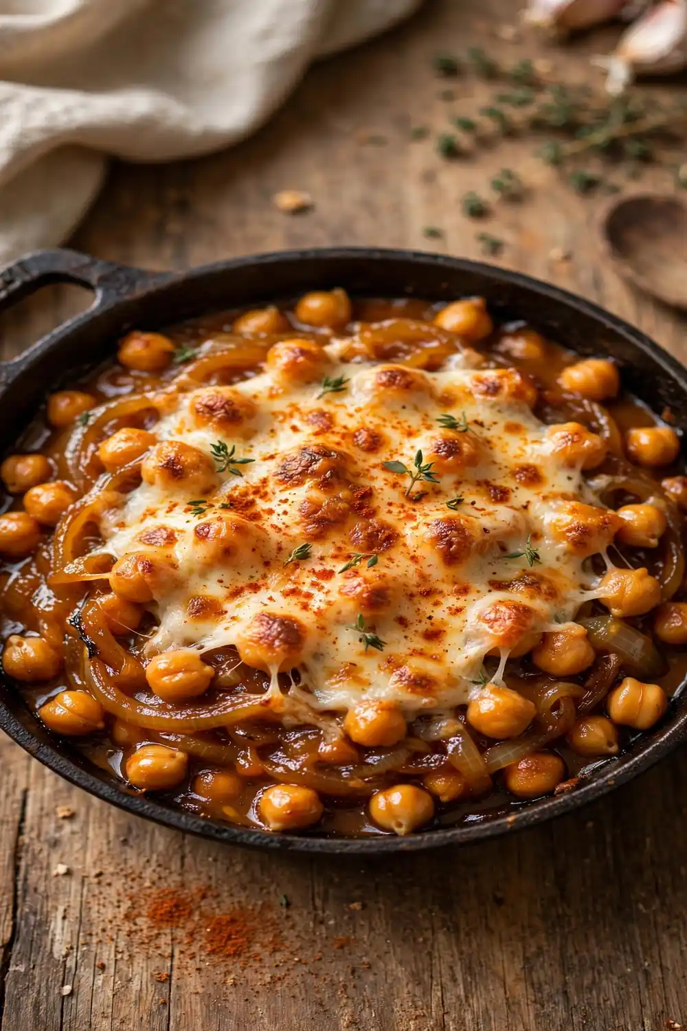 Chickpea skillet with smoked paprika caramelized onions and melted cheese
