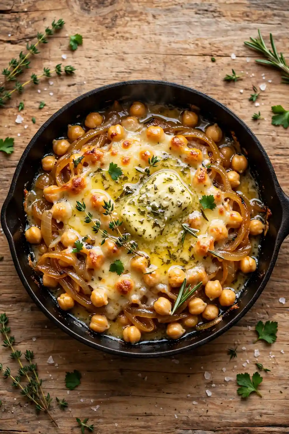Chickpea skillet finished with herb butter garlic and melted cheese