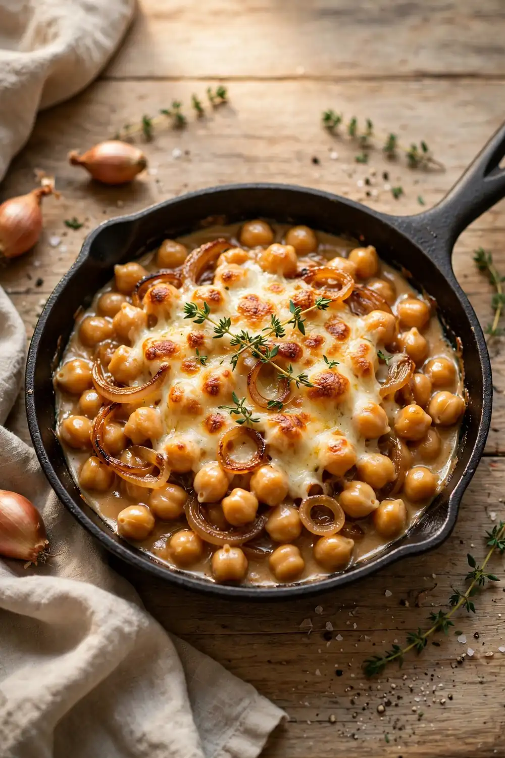 Chickpeas with caramelized shallots onions and melted cheese in a skillet