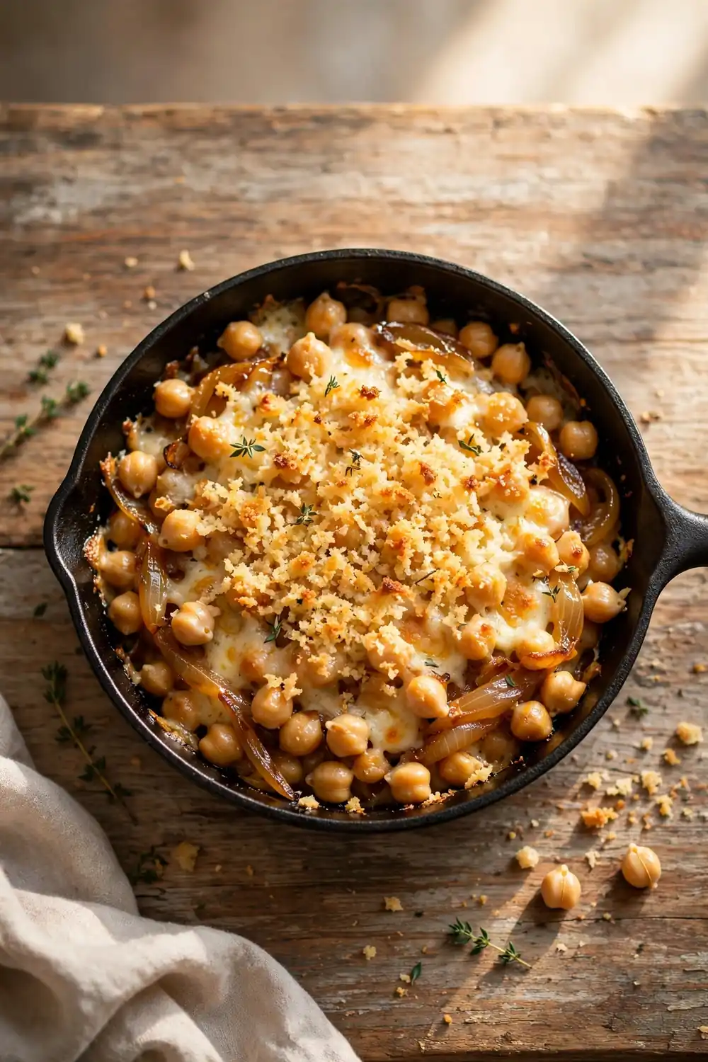 Chickpea skillet with a toasty breadcrumb topping over melted cheese