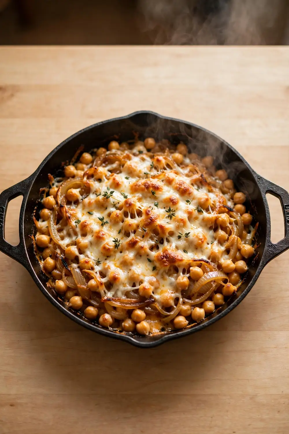 Quick stovetop skillet of chickpeas onions and melted cheese on a burner