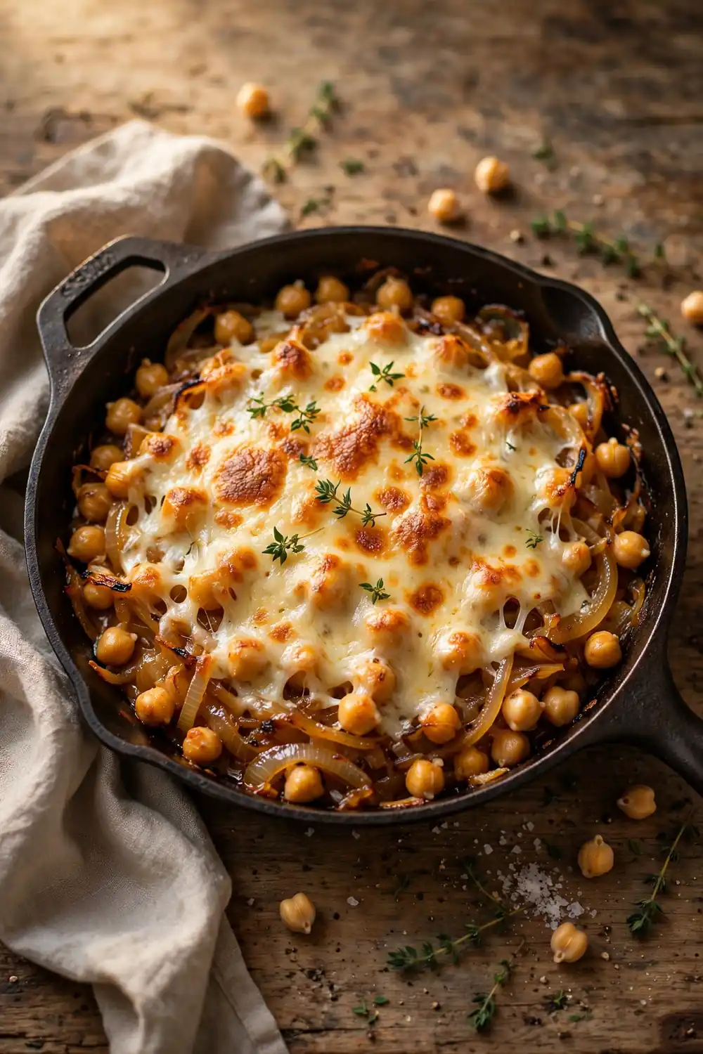 Chickpea skillet with a melted Swiss cheese layer over caramelized onions