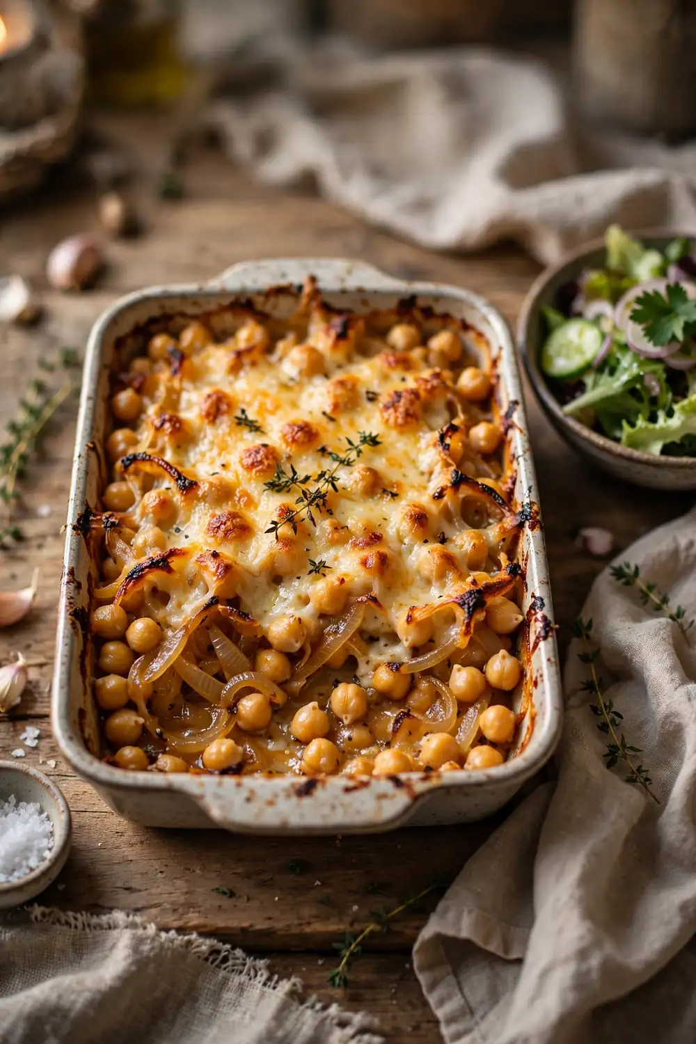 Cozy casserole bake of chickpeas onions and melted cheese in a baking dish