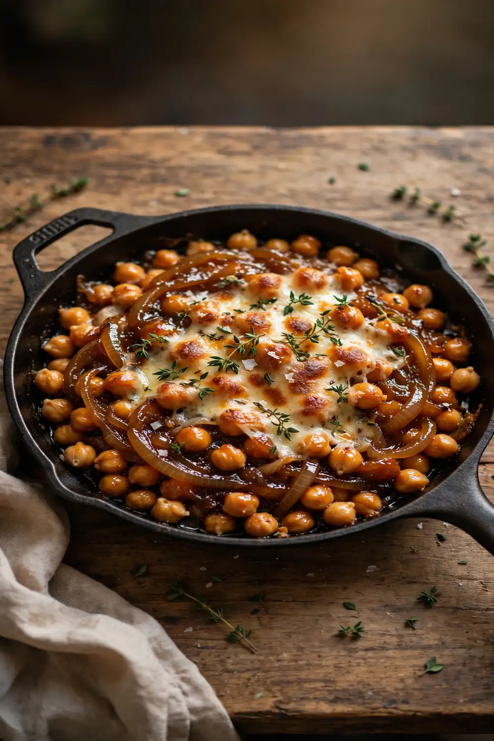 Chickpeas with sweet onion jam and melted cheese in a skillet