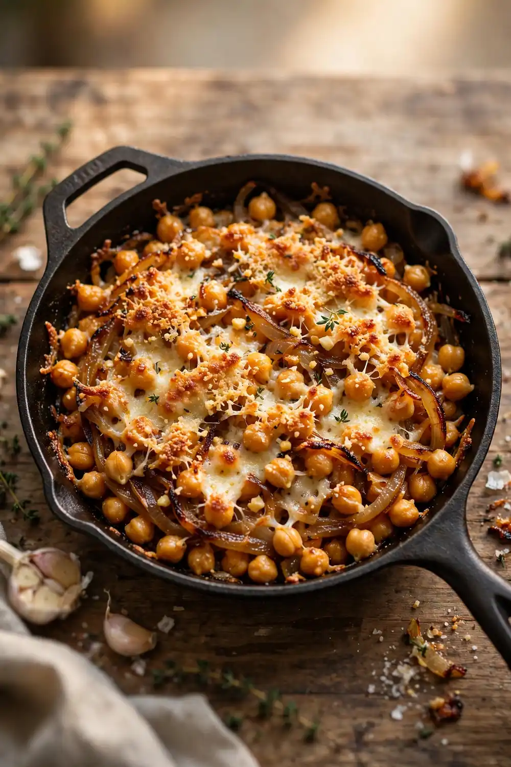 Chickpea skillet with a garlicky parmesan crust over melted cheese