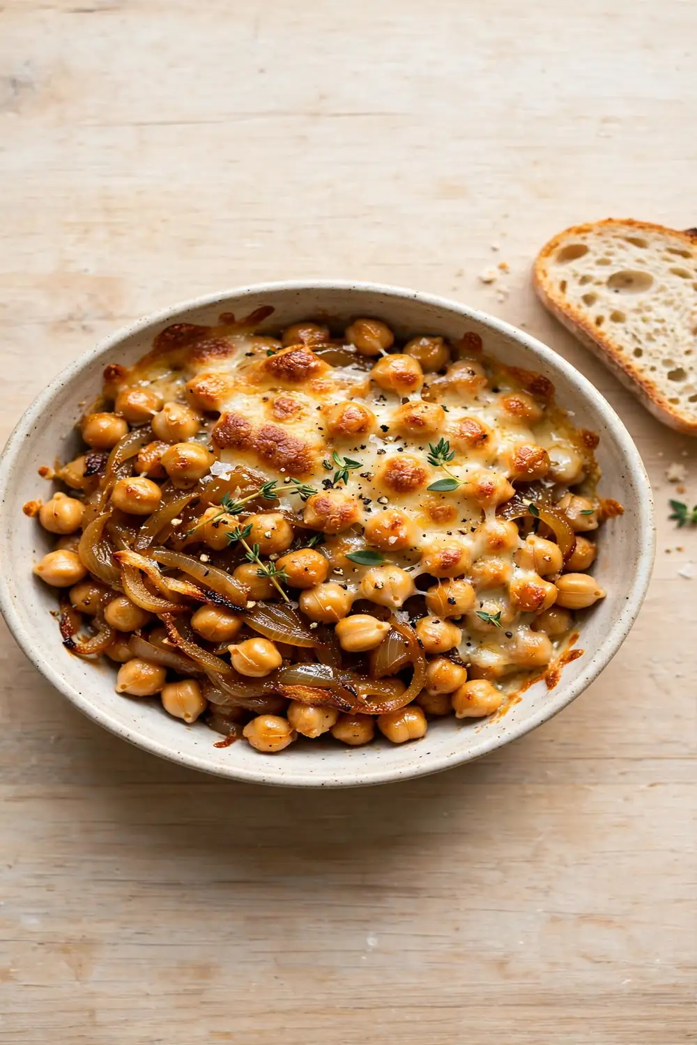 Lunch bowl of reheated chickpeas with onions melted cheese and bread