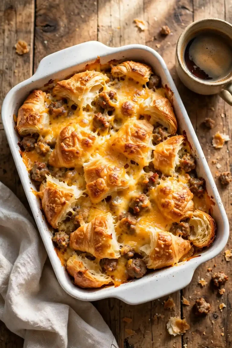 Golden croissant pieces with browned sausage and melted cheese in a ceramic baking dish