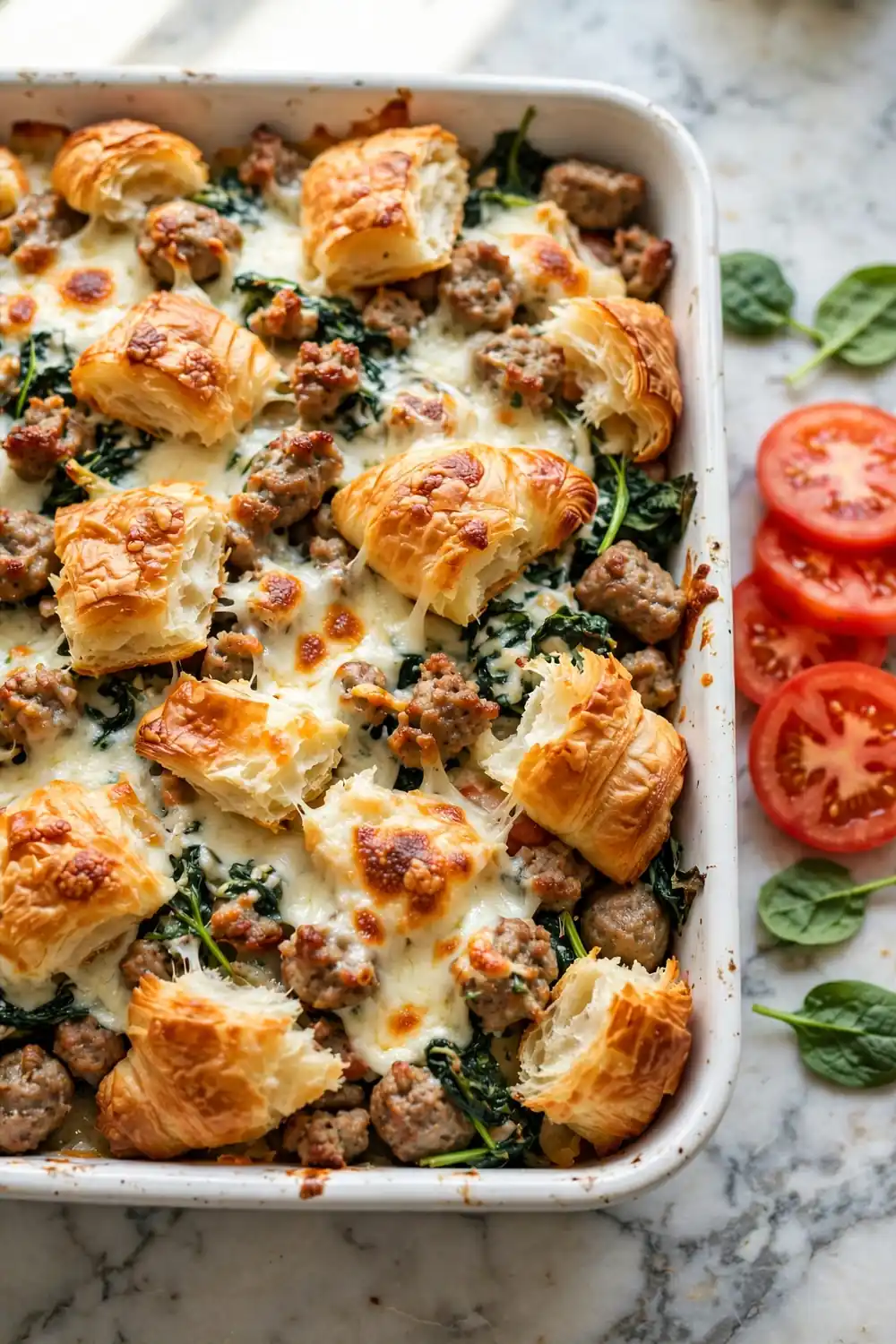 Croissant bake with sausage, wilted spinach, and melted mozzarella in a white baking dish