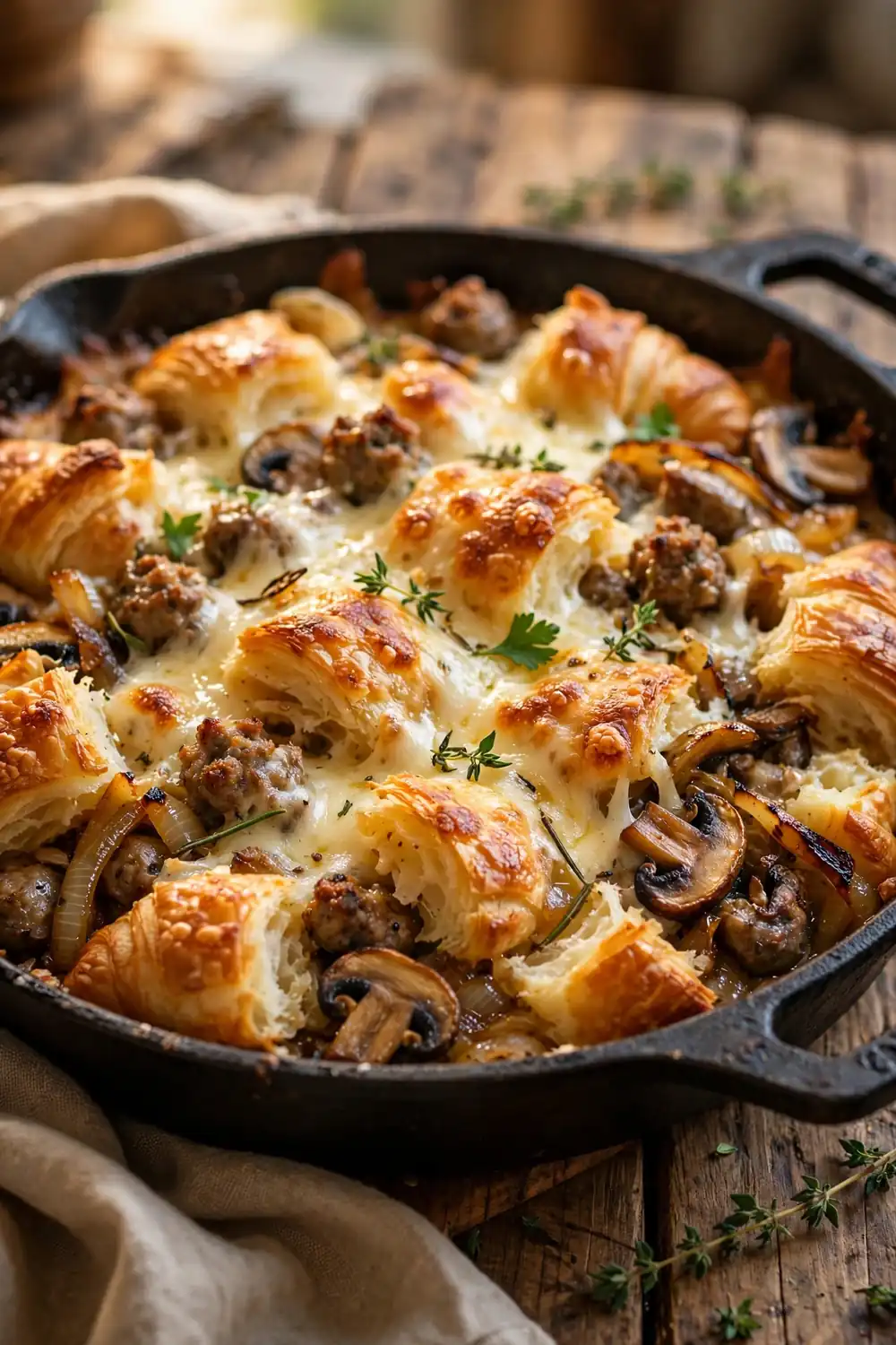 Croissant bake with sausage, sauteed mushrooms, caramelized onions, and bubbling cheese