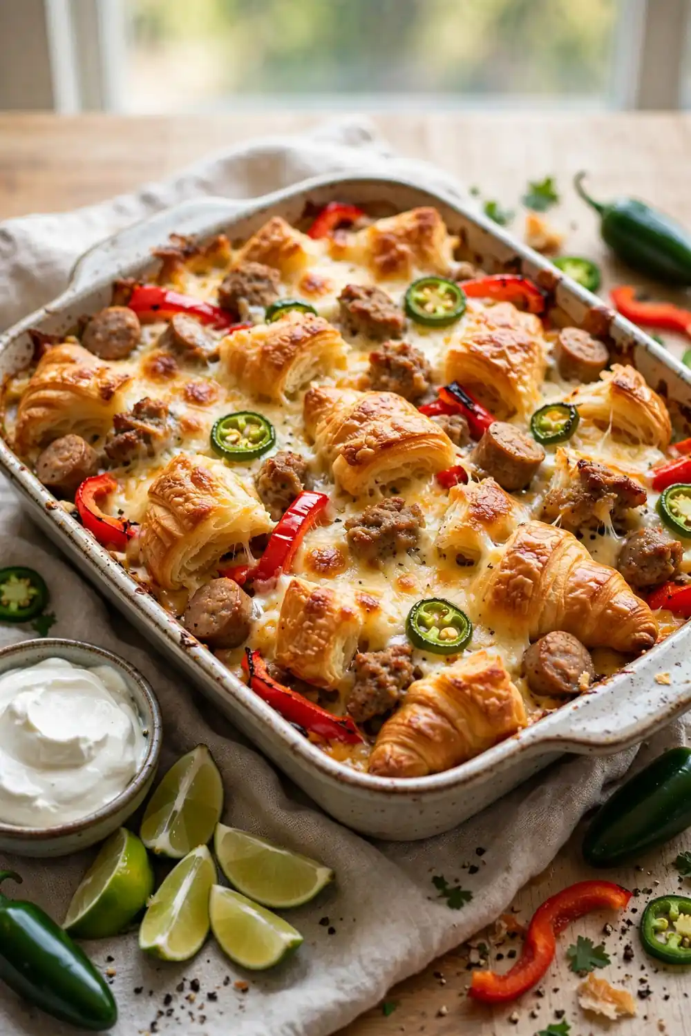 Croissant bake with spicy sausage, red peppers, jalapenos, and melted pepper jack cheese