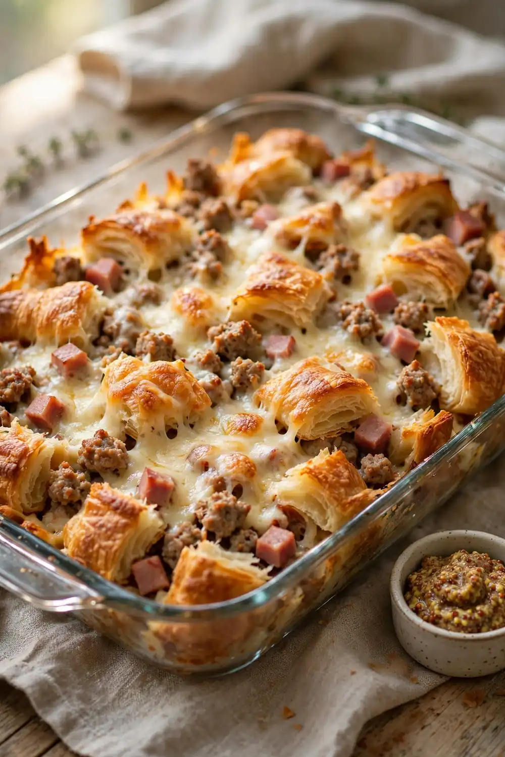Croissant bake with diced ham, sausage crumbles, and melted Swiss cheese in a glass dish