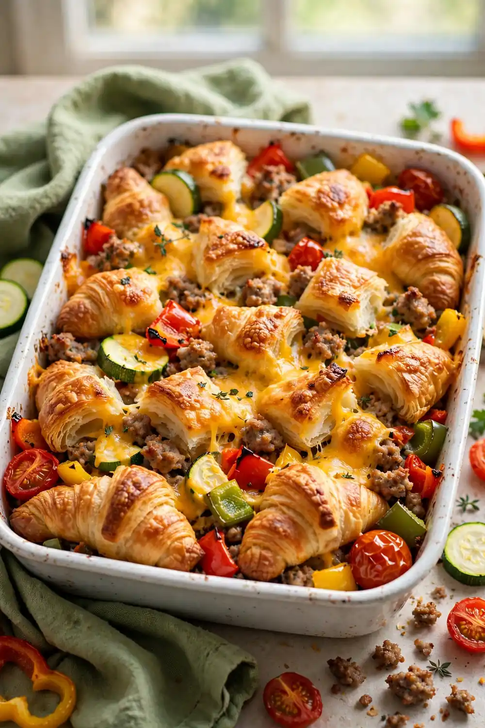 Croissant bake with sausage, bell peppers, zucchini, tomatoes, and melted cheddar cheese