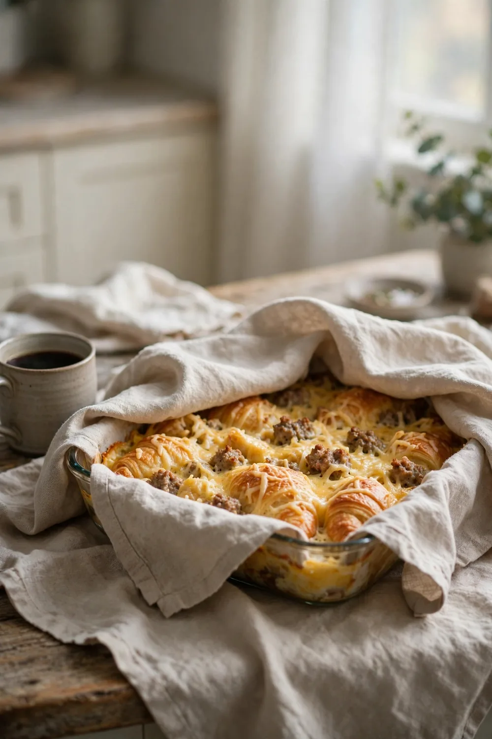 Overnight croissant bake with sausage and cheese resting covered in a baking dish by morning light