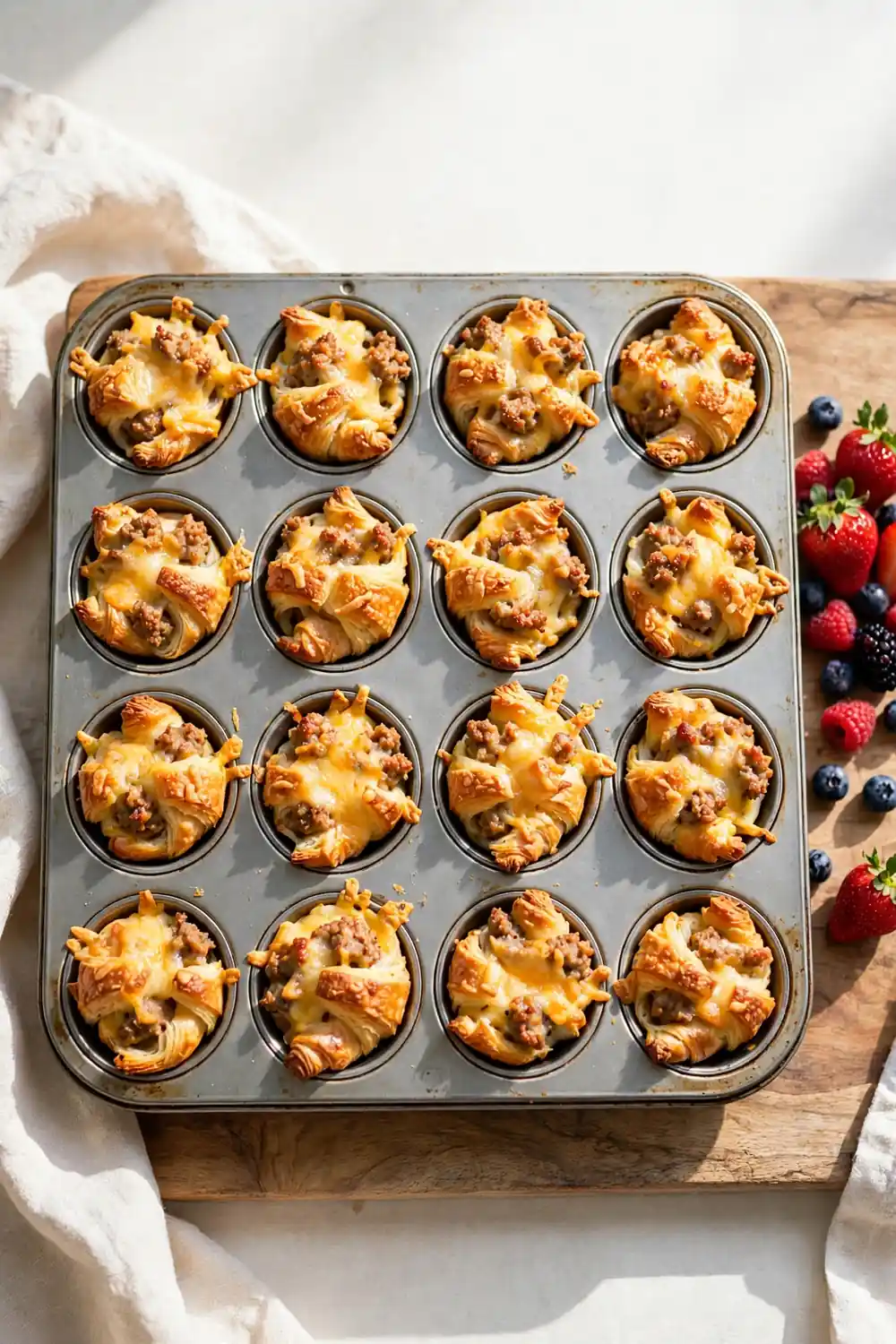 Mini croissant bake cups with sausage and melted cheese in a muffin tin on a wooden board