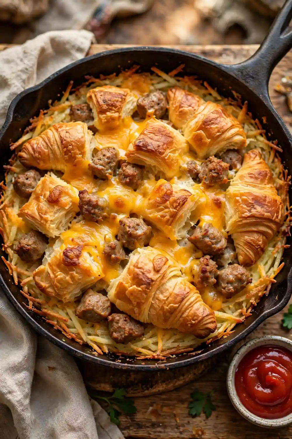 Croissant bake with sausage, cheese, and a crisp golden hash brown crust in a cast iron skillet