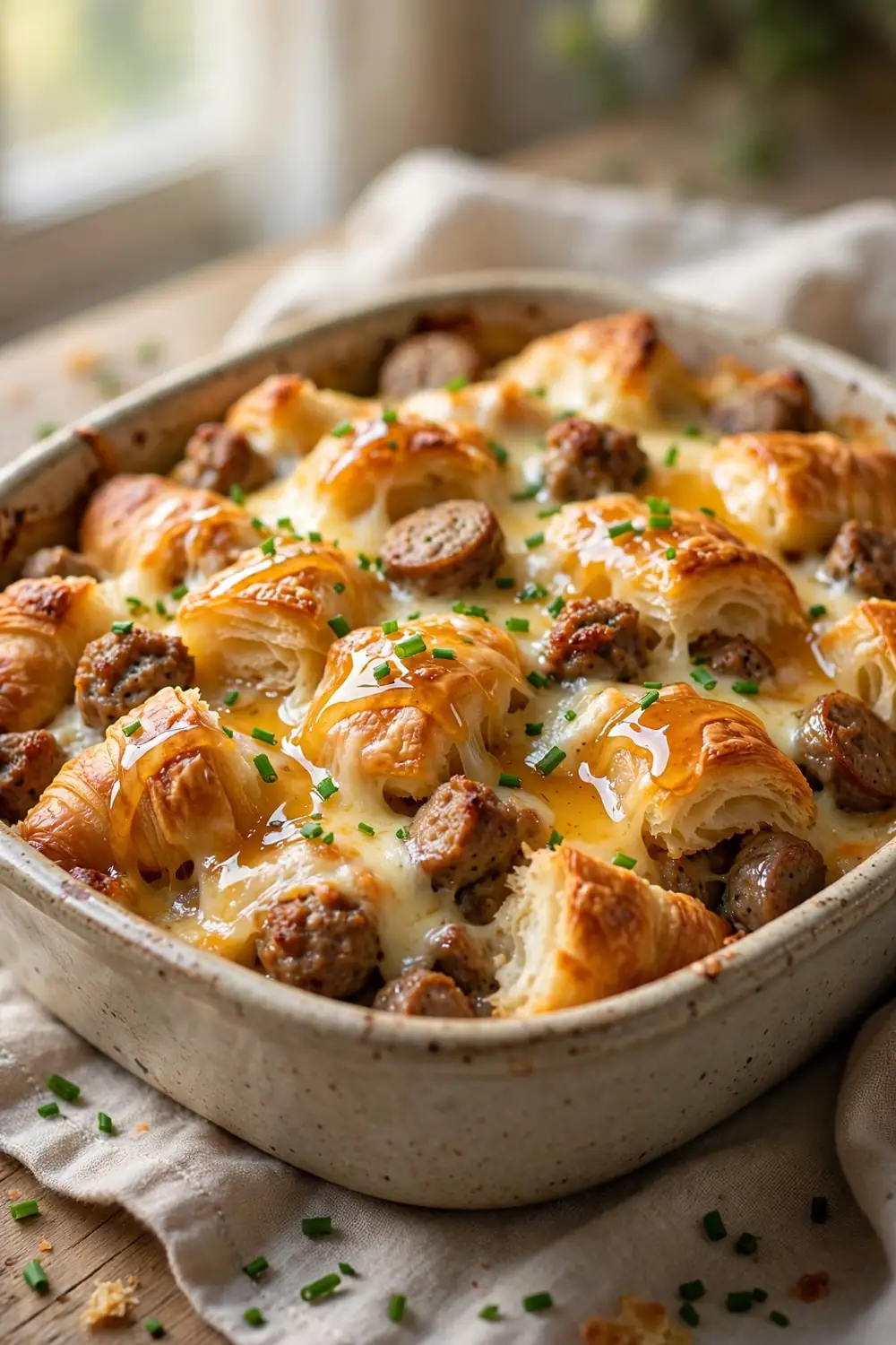 Croissant bake with sausage and cheese finished with a honey butter drizzle and fresh herbs