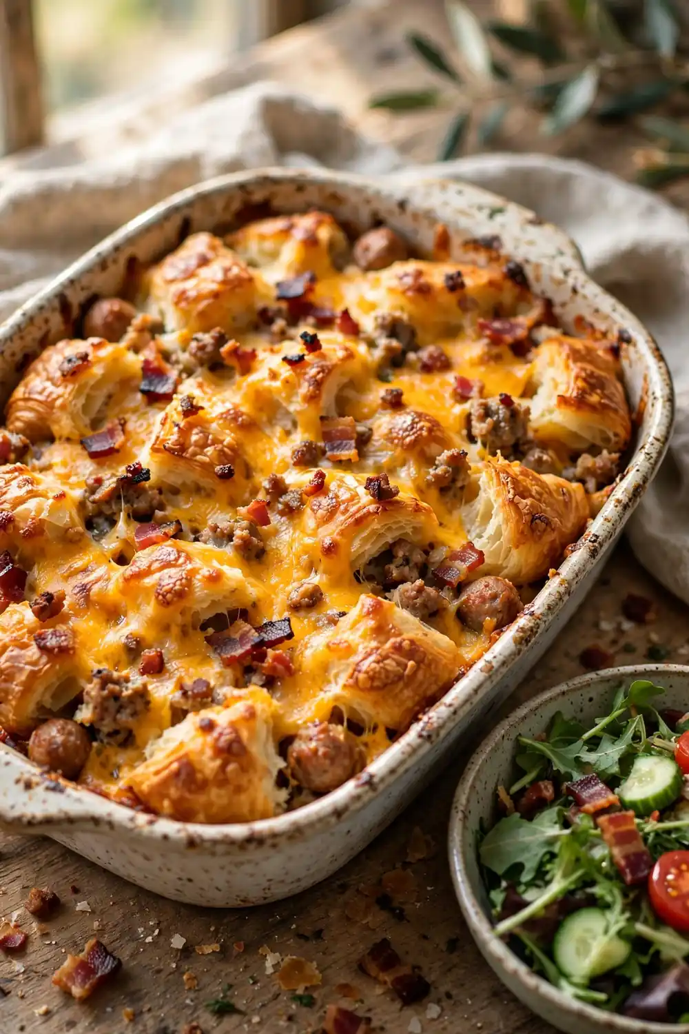 Croissant bake with crumbled bacon, sausage, and melted cheddar in a rustic baking dish
