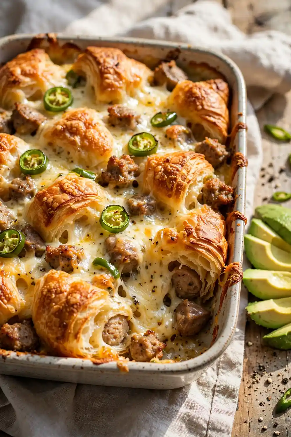 Croissant bake with sausage and bubbling pepper jack cheese with sliced green chilies on top
