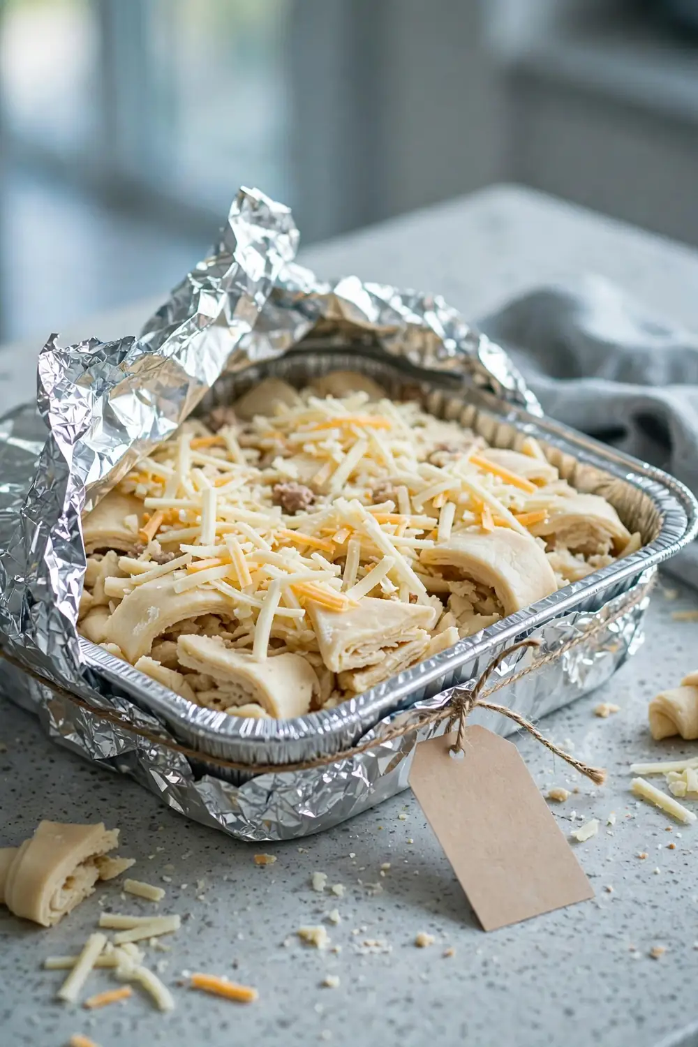 Freezer ready croissant bake with sausage and cheese wrapped in foil in a disposable pan