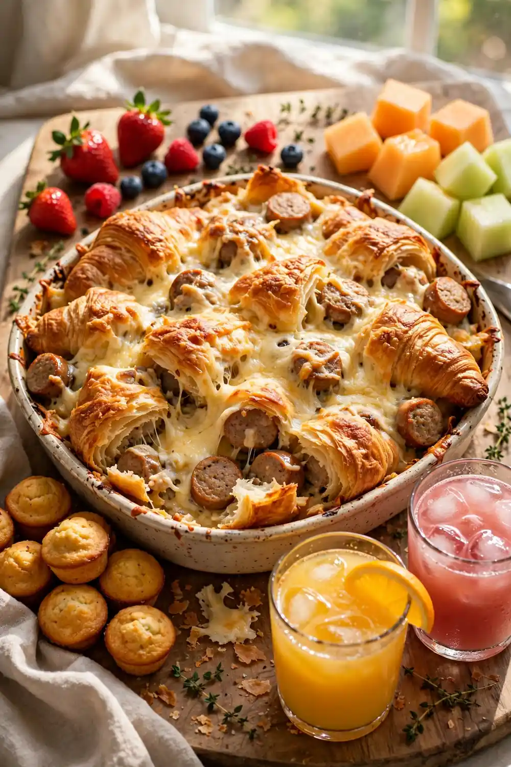 Large croissant bake with sausage and cheese on a brunch board with fruit, pastries, and coffee