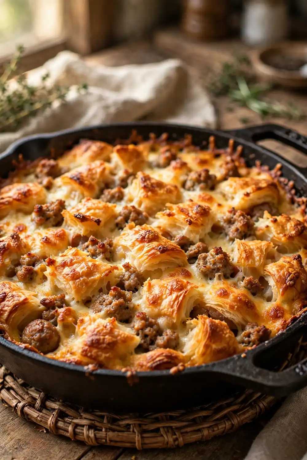 Croissant bake with sausage and cheese in a cast iron skillet with a crisp golden top