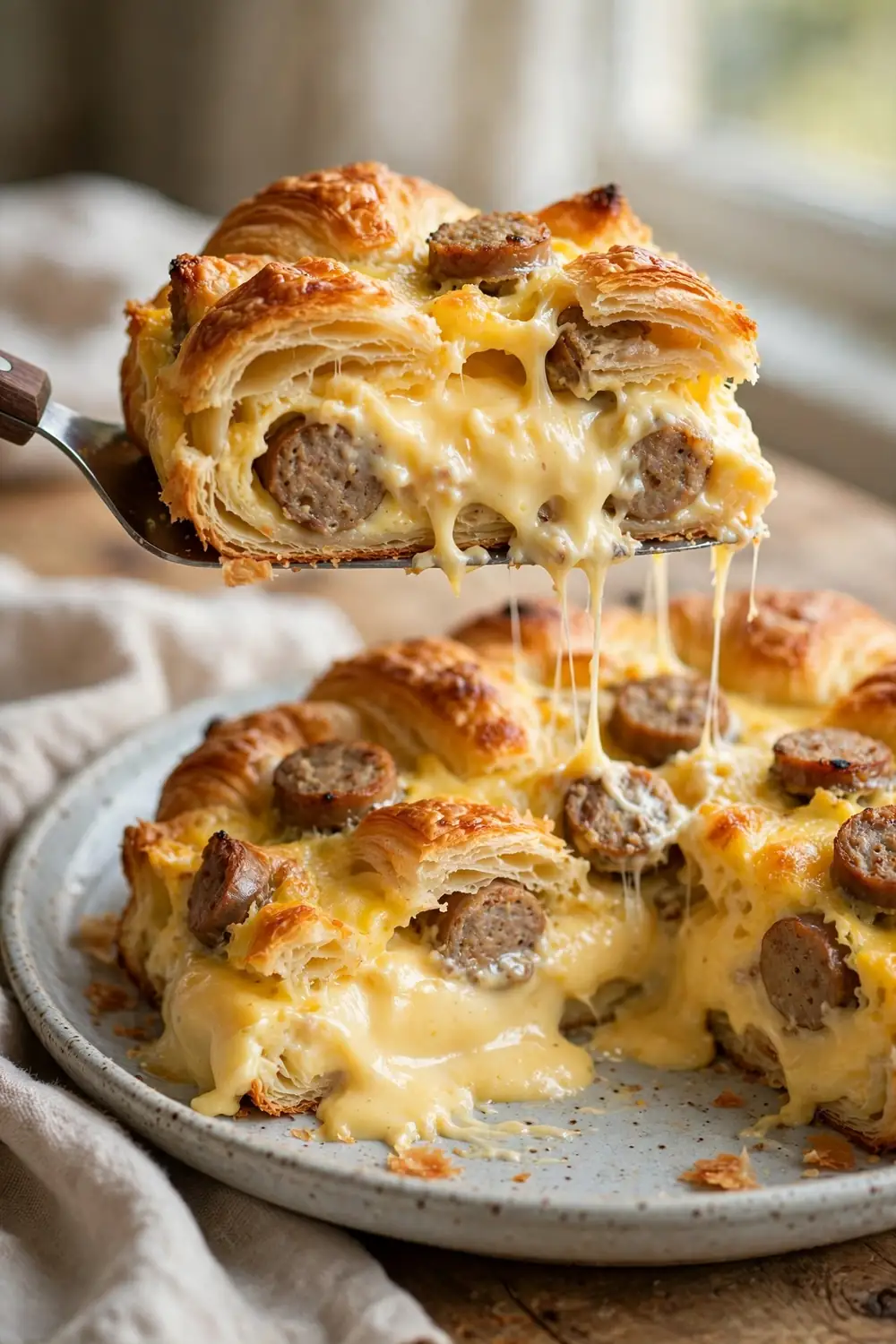 Croissant bake with sausage and cheese showing a rich golden egg custard layer in a sliced portion