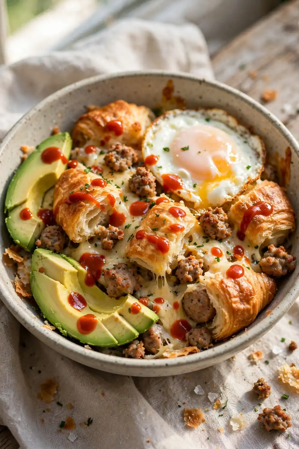 Leftover croissant bake with sausage and cheese served in a bowl with a fried egg and avocado