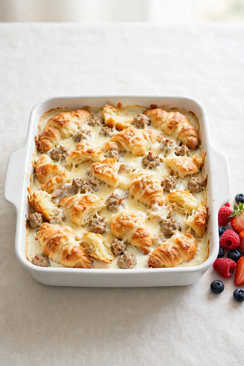 Lighter croissant bake with turkey sausage, Greek yogurt custard, and melted low fat cheese