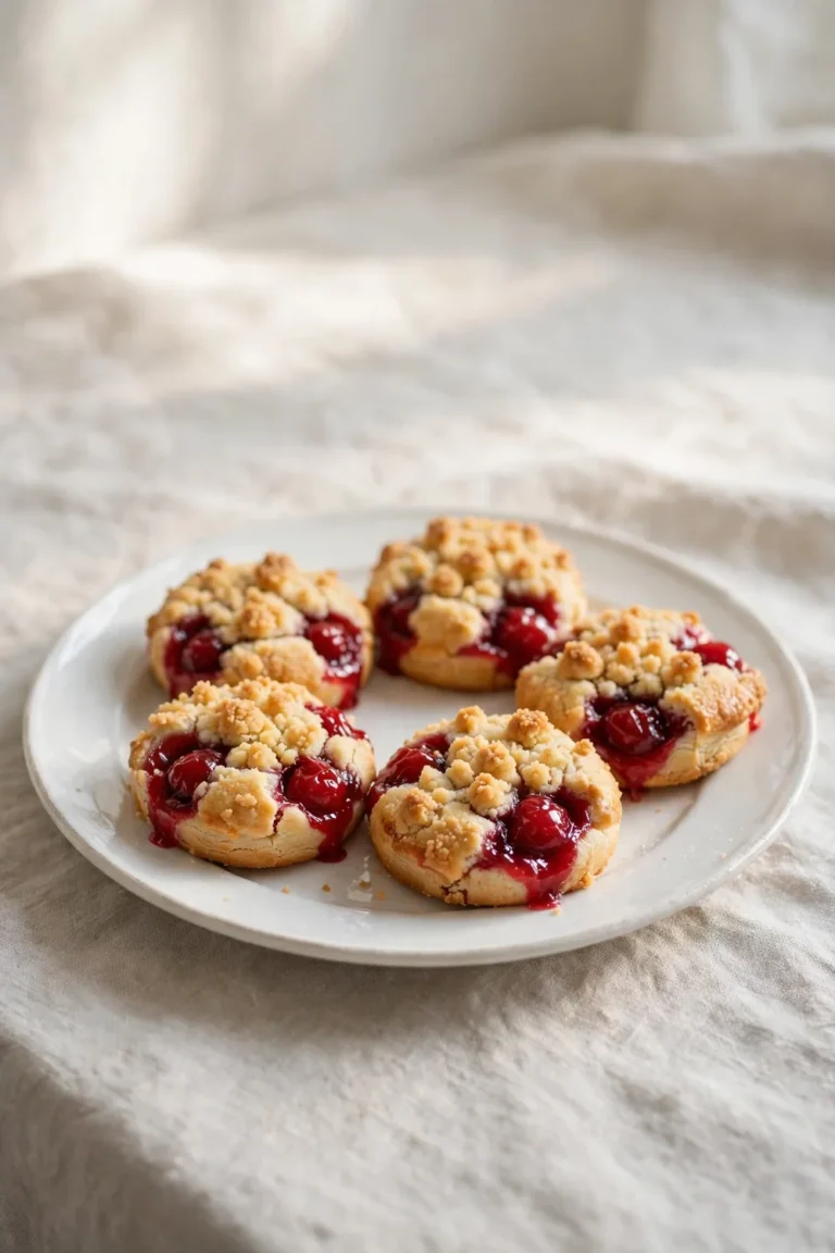 Classic cherry crumble cookies with golden topping on a white plate