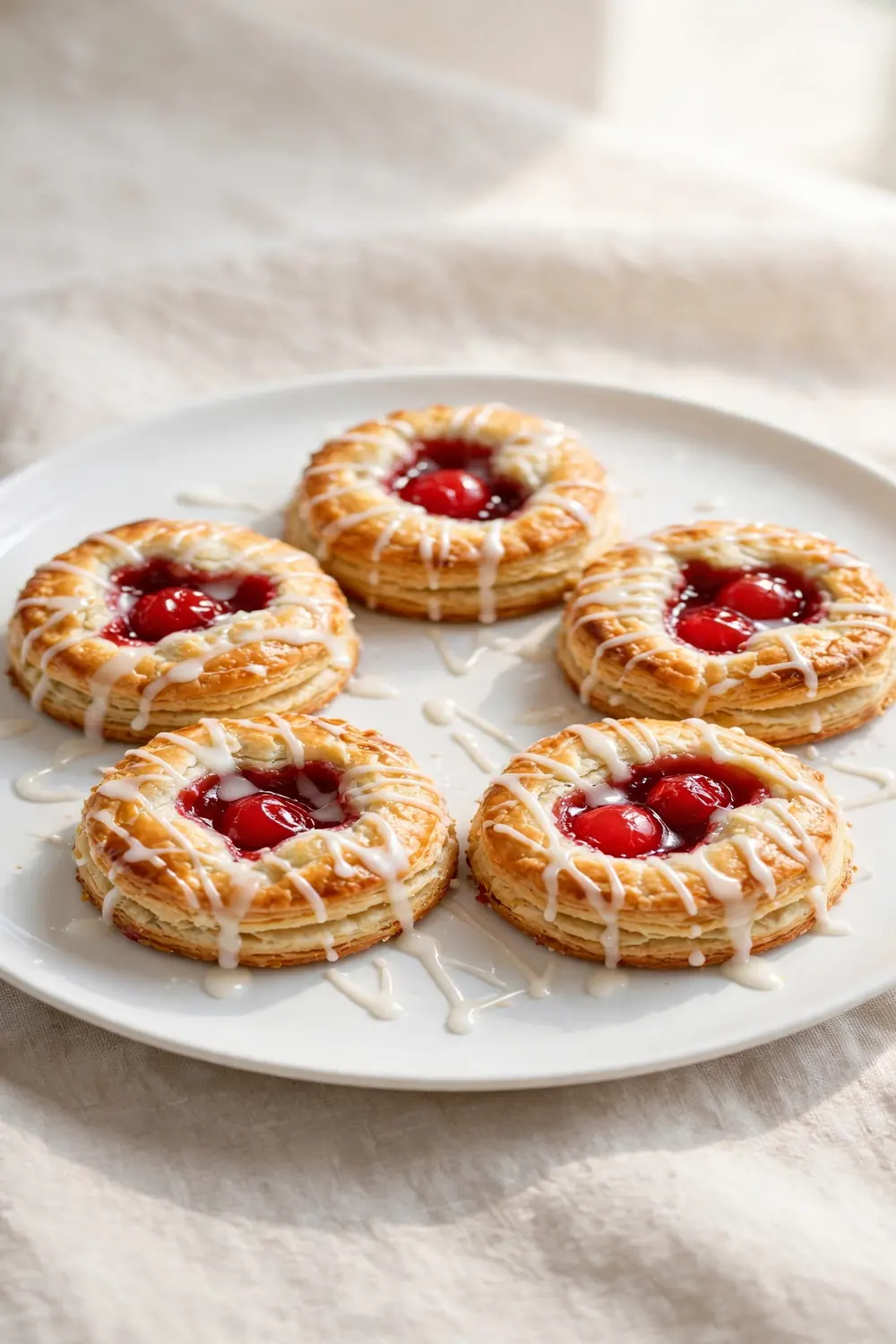 Cherry cookies with shiny vanilla glaze drizzled over golden edges
