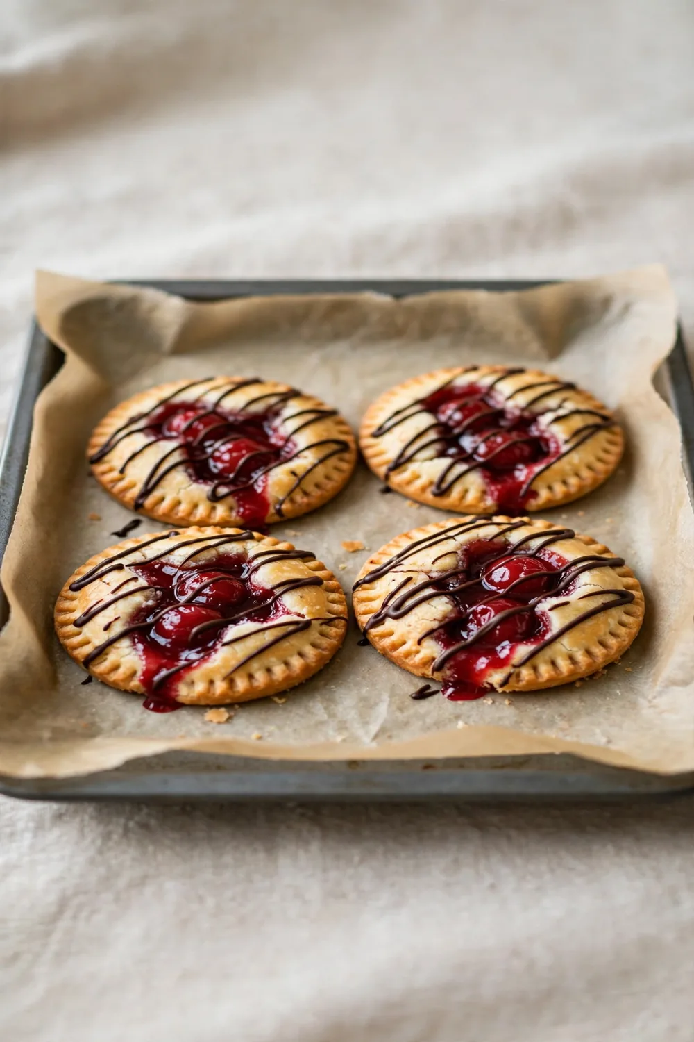 Cherry cookies drizzled with dark chocolate on a parchment lined tray