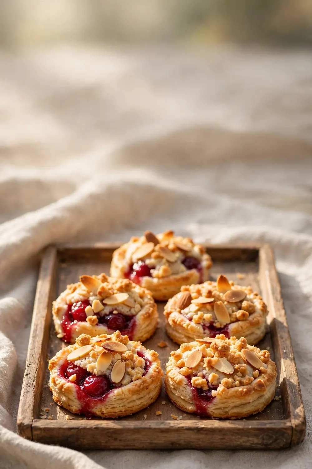 Cherry almond crunch cookies with toasted almond pieces and cherry filling