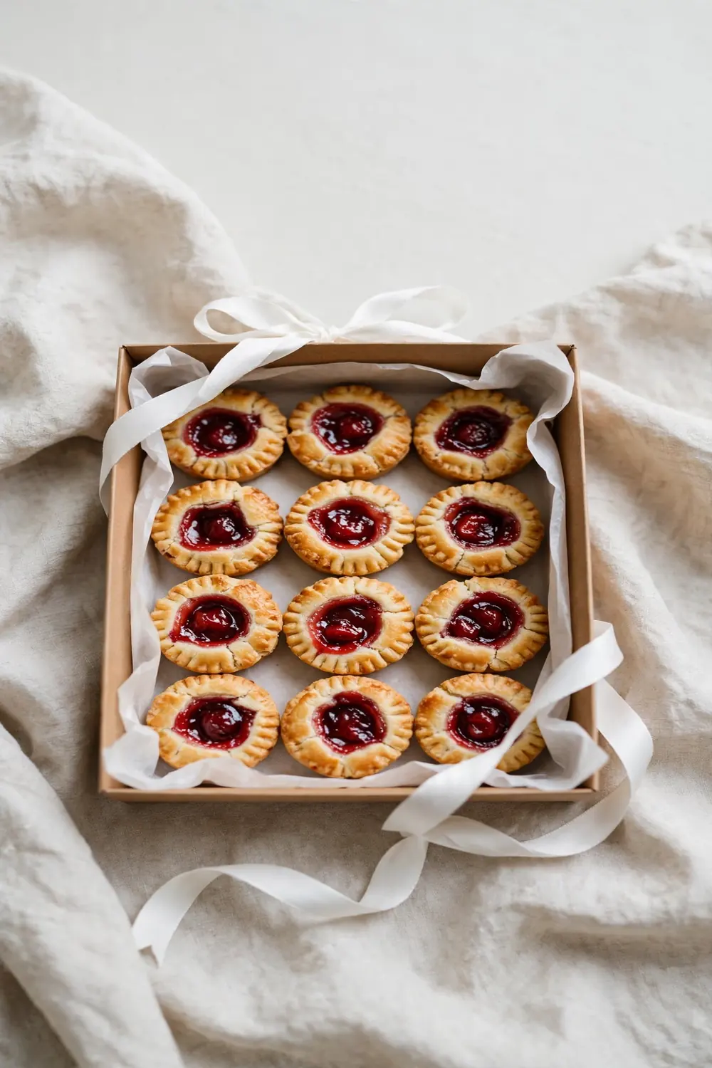 Cherry cookies arranged in a gift box with ribbon and parchment