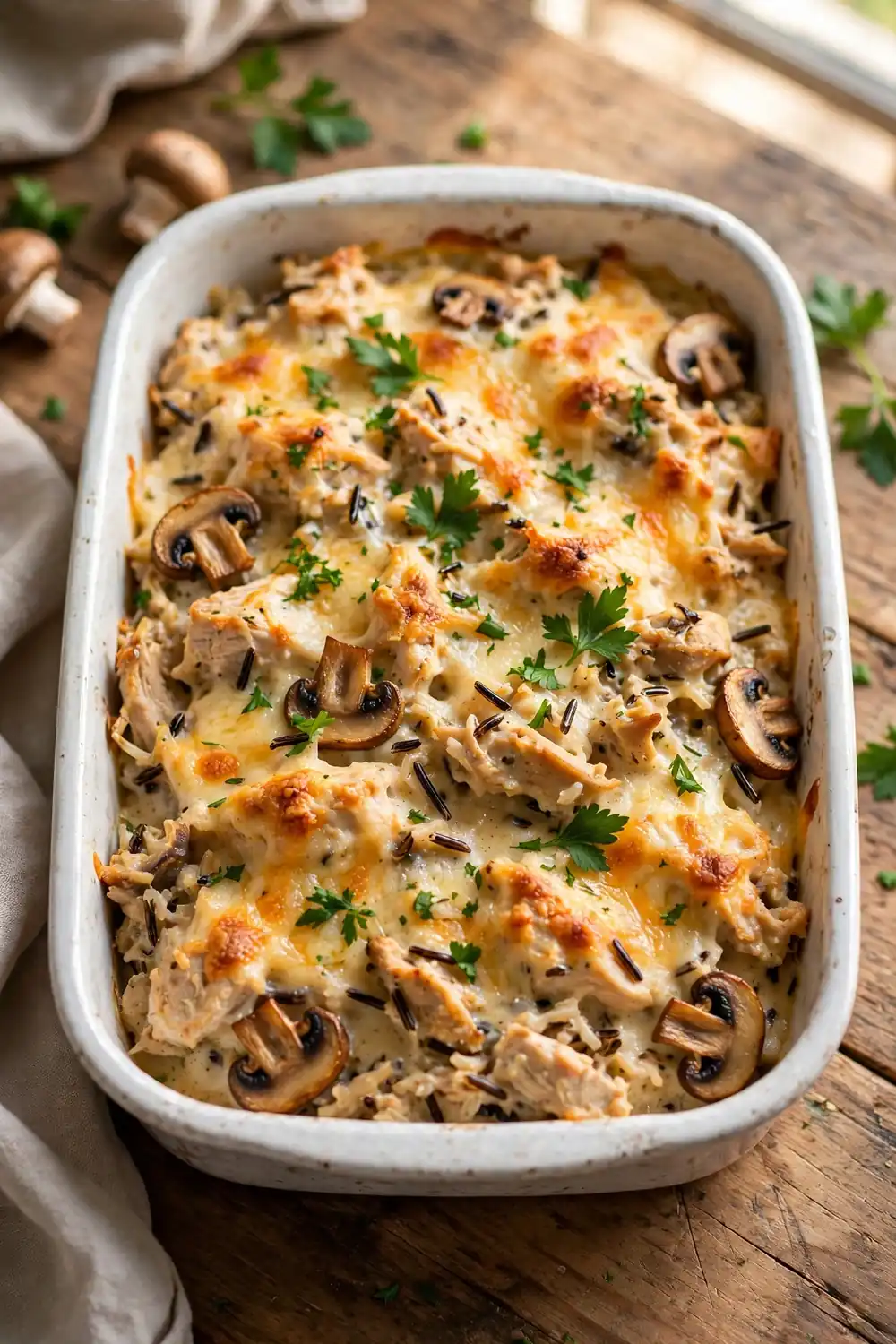 Creamy chicken, wild rice, and mushroom casserole bake with golden cheese in a white baking dish