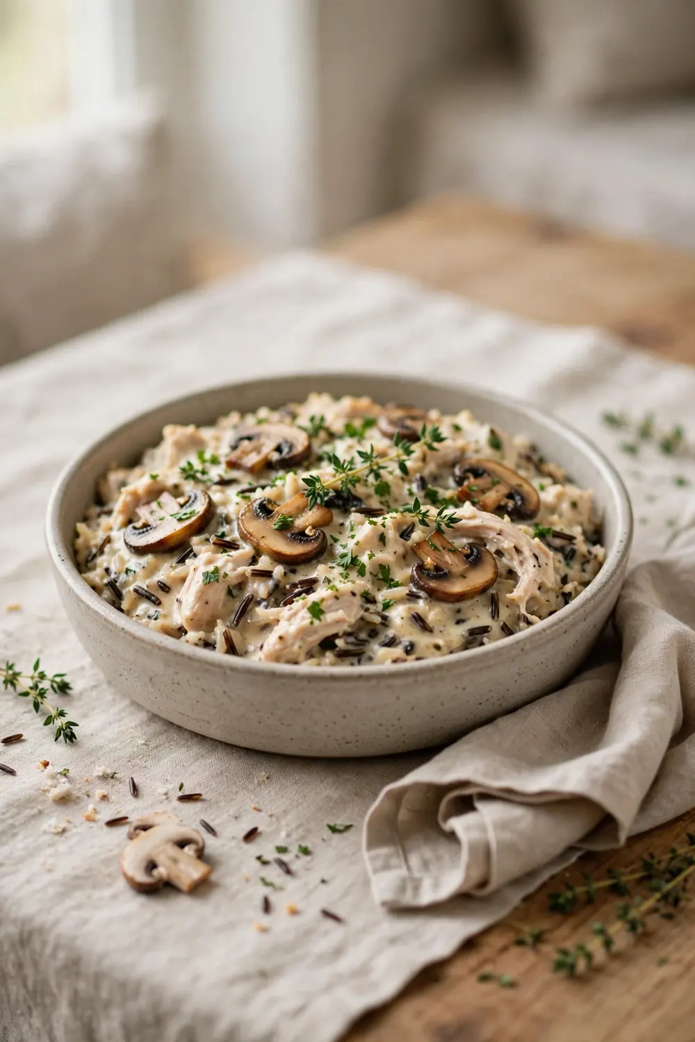 Chicken, wild rice, and mushroom casserole bake with fresh herbs and creamy sauce in a ceramic dish