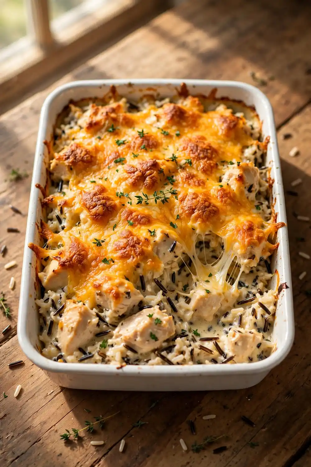 Cheesy chicken, wild rice, and mushroom casserole bake with bubbly golden cheddar topping